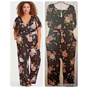 Torrid 2 2X Jump Suit Floral Black Pink White Yellow Pockets Rayon Spandex 1 pc
